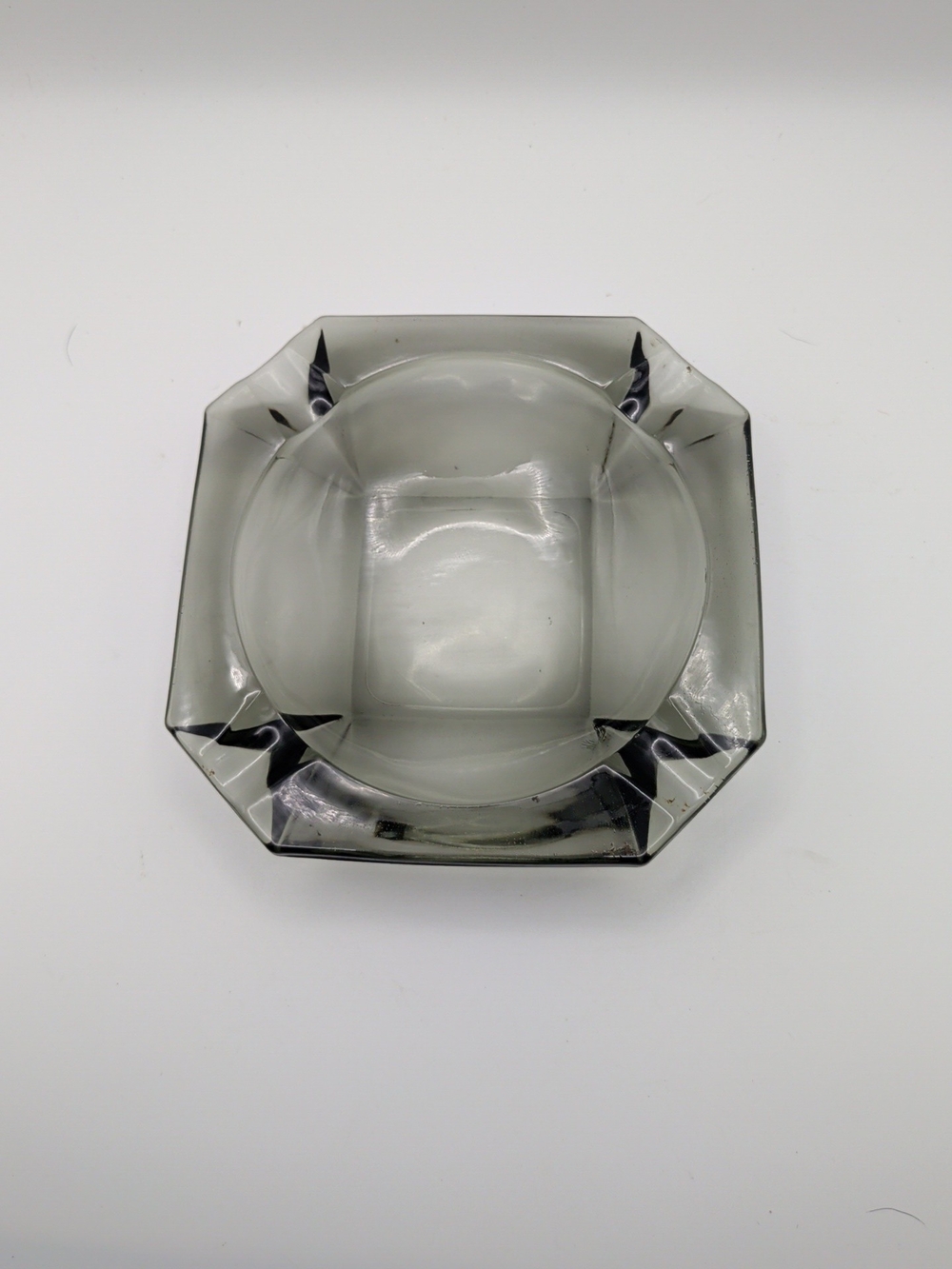 Vintage MCM 5"x5" Smokey Gray Glass Square 4 Slot Octagonal Ashtray. (I)